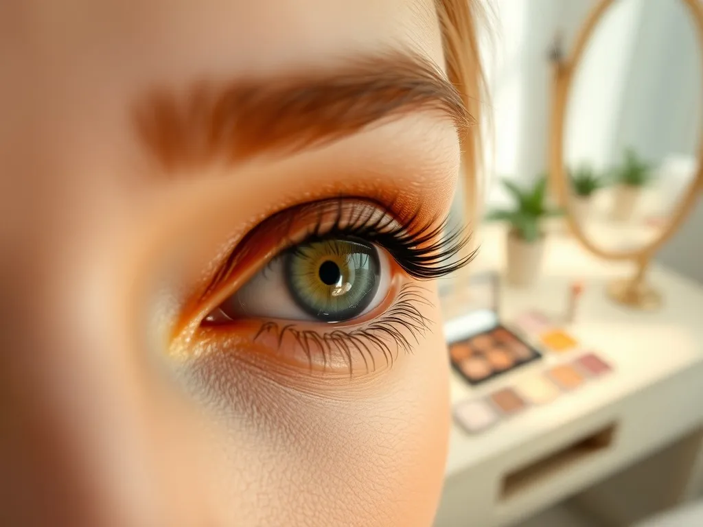 Zbliżenie zielonego oka z ciepłym brązowo‑złotym cieniem, delikatnym makijażem i rozmytymi paletkami cieni w tle