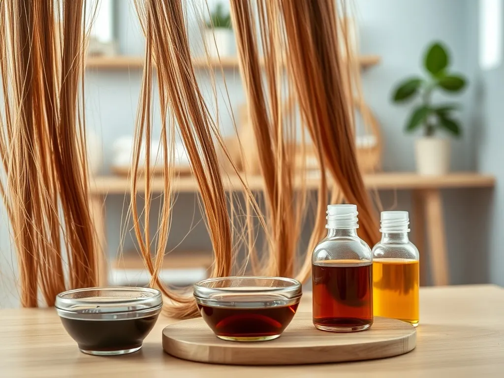 Naturalne brązowe włosy, ziołowa płukanka i olejek na drewnianym stole, symbol domowego przyciemniania włosów