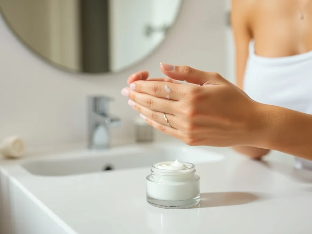Kobieta delikatnie nakłada krem na twarz przy umywalce, ilustrując prawidłową aplikację, by uniknąć rolowania się kosmetyku.