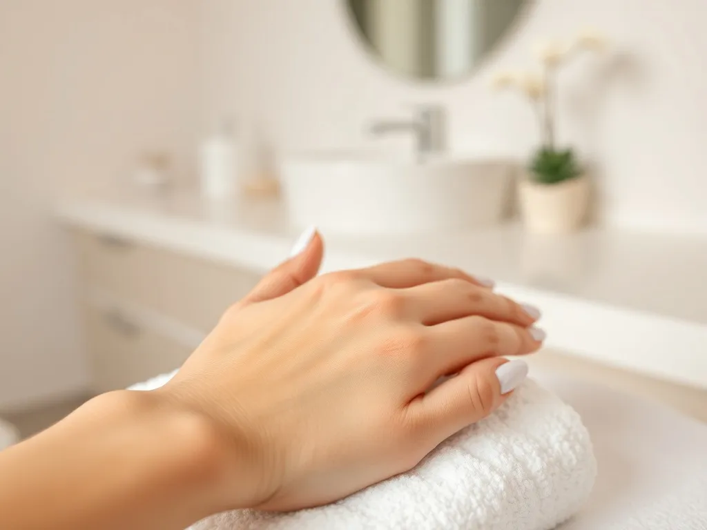 Dłoń kobiety z paznokciami pomalowanymi na biało, delikatny manicure na tle jasnego, spokojnego wnętrza salonu piękności.