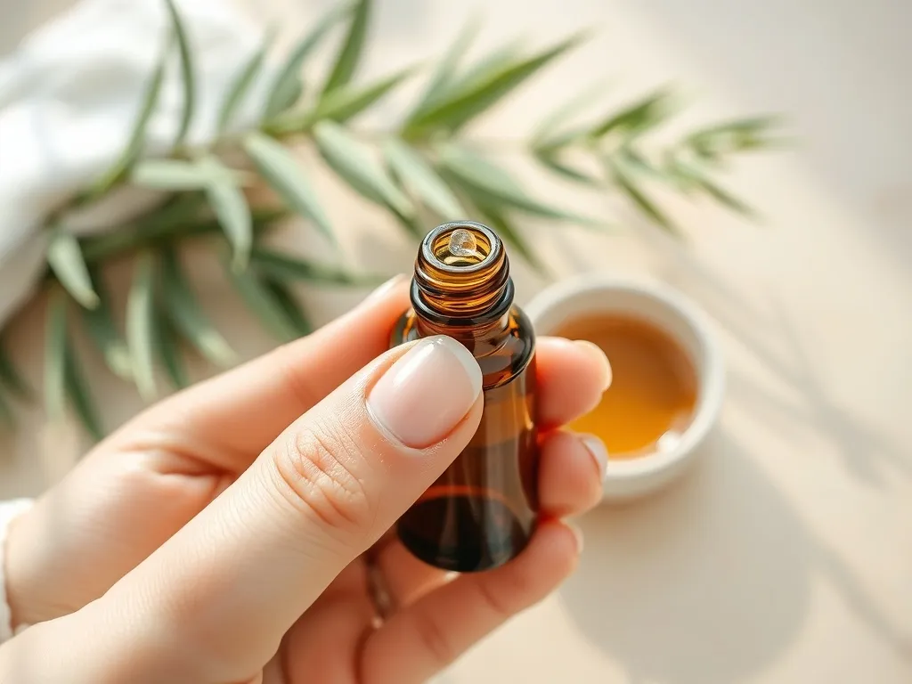 Dłonie nakładają kroplę olejku herbacianego z pipety na naturalny paznokieć, w tle delikatne spa‑elementy.