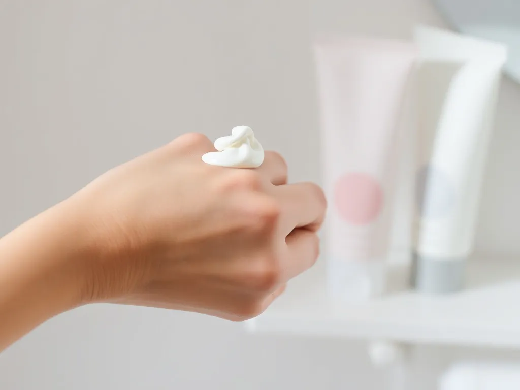 Krem DD w neutralnej tubce nakładany na dłoń kobiety, w tle inne minimalistyczne kosmetyki na półce