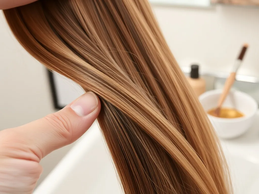 Zdrowe, lśniące pasma włosów w naturalnych odcieniach przy narzędziach do farbowania i pielęgnacji na łazienkowym blacie.
