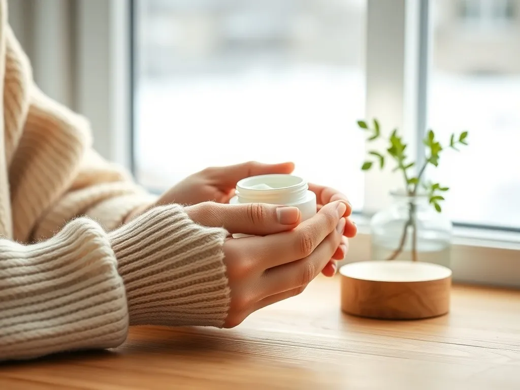 Dłonie w ciepłym swetrze trzymają otwarty słoiczek białego kremu do twarzy na zimę, w tle ośnieżone okno.