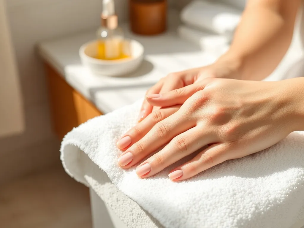 Dłonie kobiety z gładkimi, zdrowymi paznokciami na ręczniku, w tle miseczka z wodą i olejek do pielęgnacji paznokci