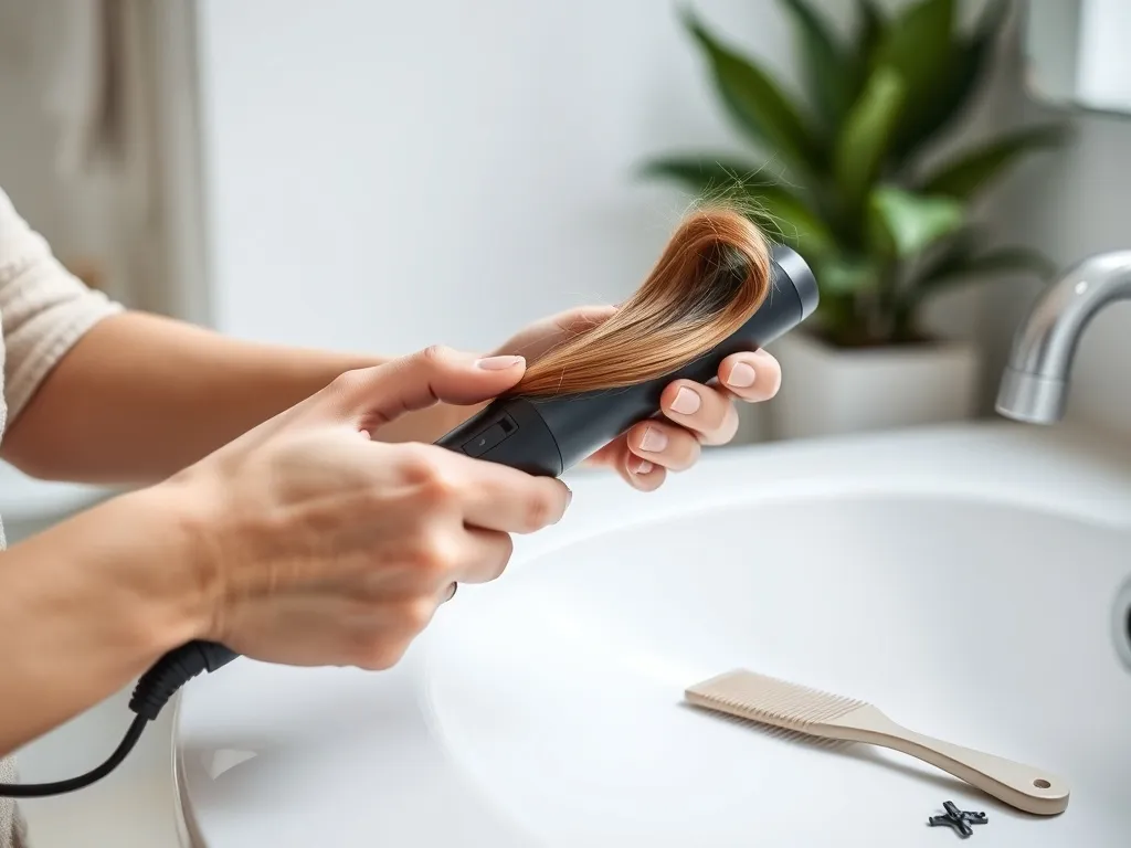 Dłonie kobiety zakręcają pasmo włosów prostownicą na białym blacie, obok leży grzebień i spinka do włosów