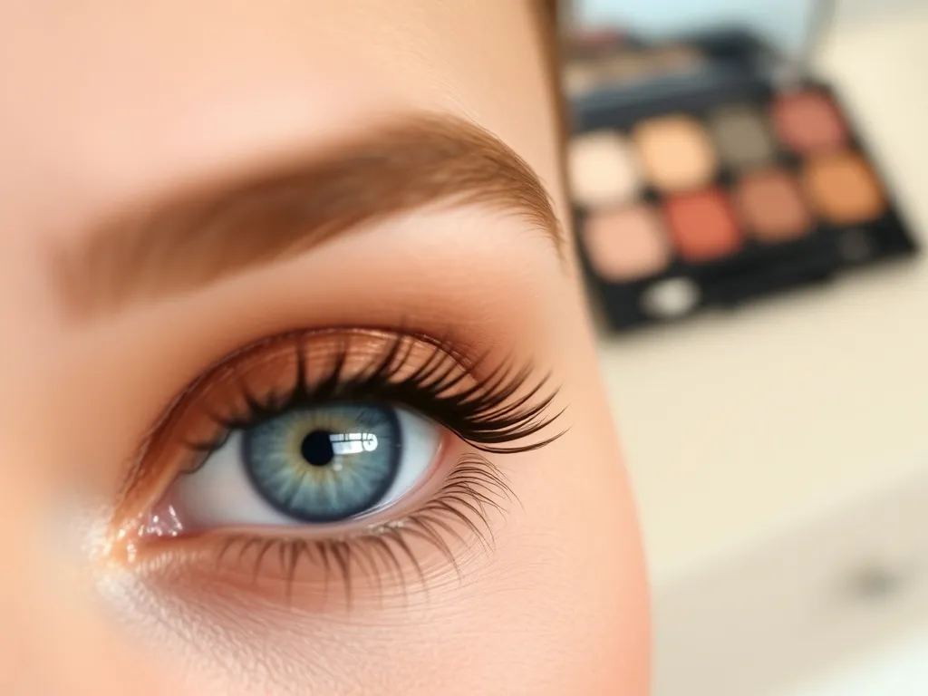 Niebieskie oko z delikatnym brązowo‑miedzianym cieniem, pokazujące idealne kolory makijażu dla niebieskich oczu.