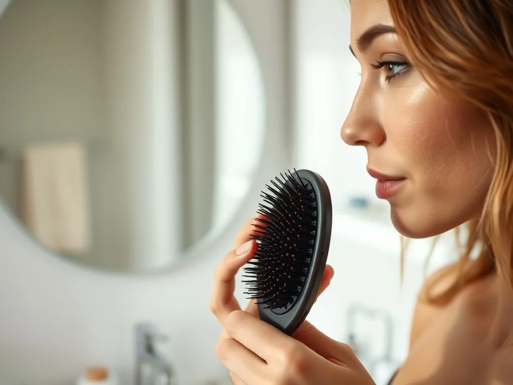 Zaniepokojona kobieta ogląda szczotkę z wyrwanymi włosami w nowoczesnej, jasnej łazience.