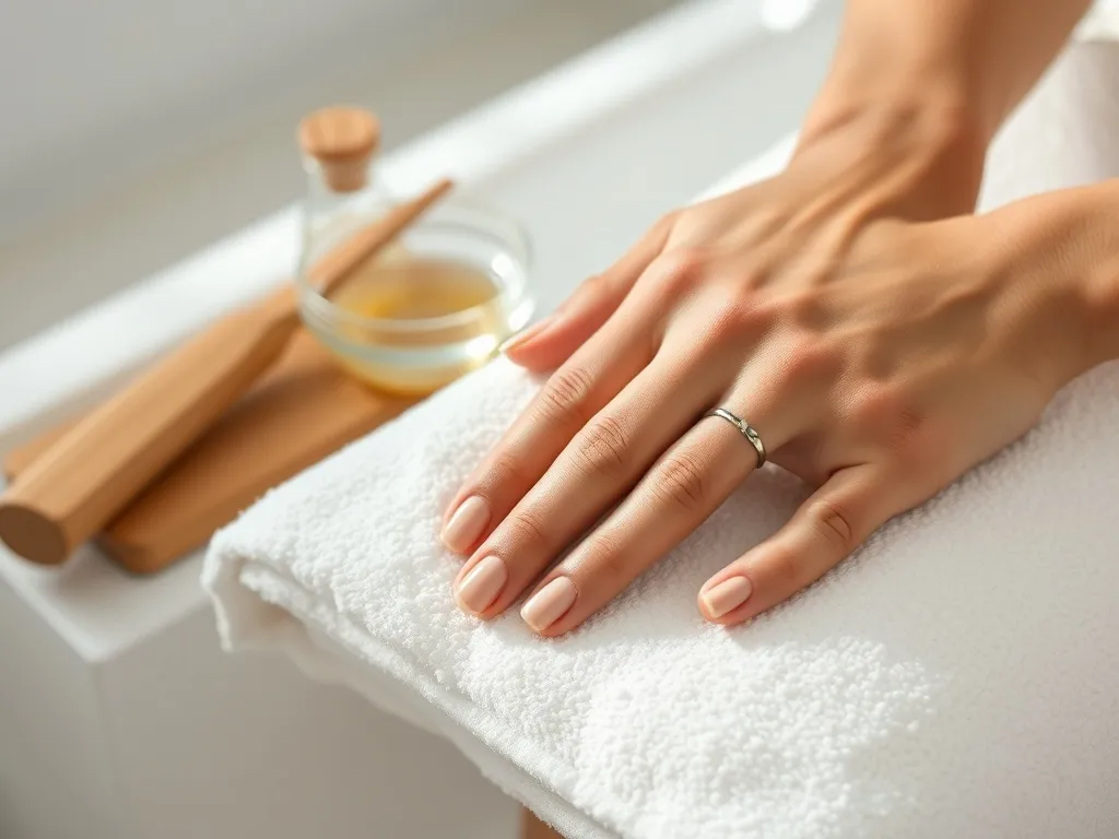 Zadbane dłonie z krótkimi, naturalnymi paznokciami w jasnym kolorze, otoczone akcesoriami do domowej pielęgnacji dłoni.