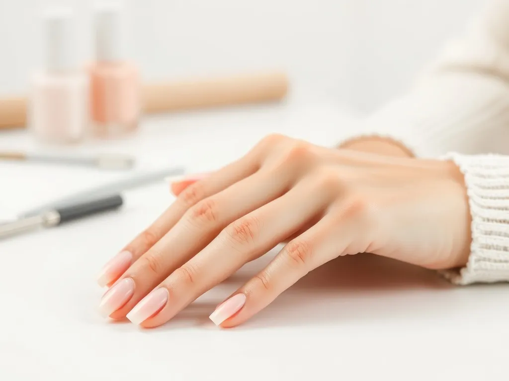 Dłonie z pastelowym ombre na paznokciach, róż przechodzący w biel, jedna ręka trzyma pilnik na jasnym tle salonu.