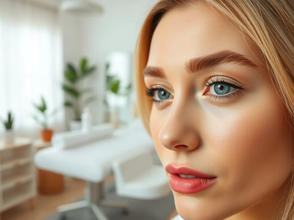 Zadbane, naturalnie wyglądające brwi kobiety w jasnym, nowoczesnym salonie beauty o profesjonalnej, przyjaznej atmosferze.