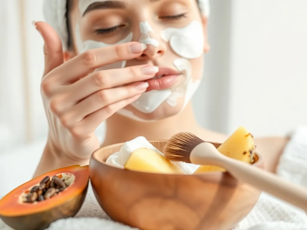 Kobieta nakłada kremową maskę enzymatyczną, obok misy z papają i ananasem, podkreślając delikatny peeling twarzy.