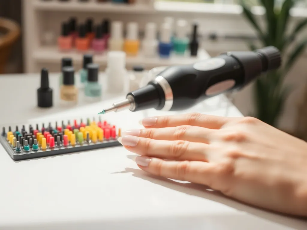 Profesjonalna frezarka do paznokci z kolorowymi frezami na białym stole, obok dłoń z zadbanym manicure w salonie kosmetycznym.