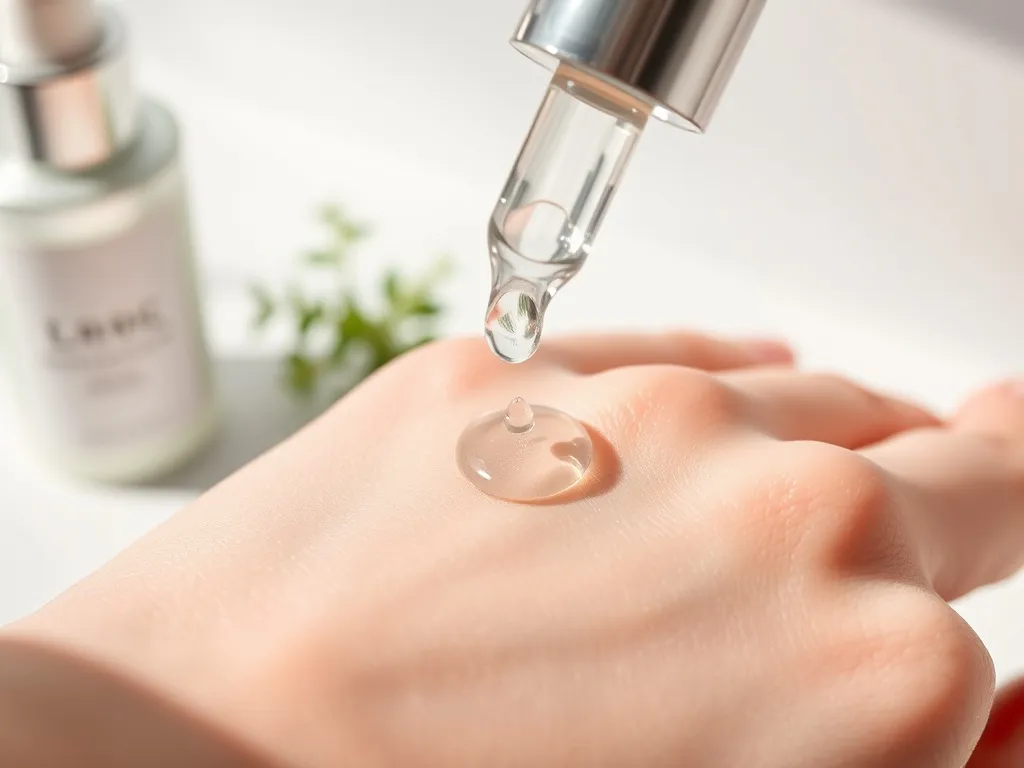 Pipeta z przezroczystym serum kwasu hialuronowego nakładanym na gładką, nawilżoną skórę dłoni
