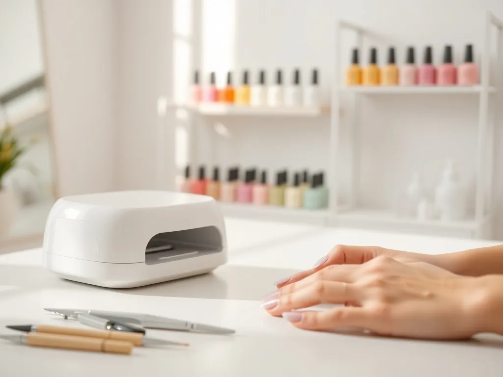 Nowoczesny pochłaniacz pyłu na minimalistycznym stoliku manicure, podkreślający czystość i profesjonalizm salonu.