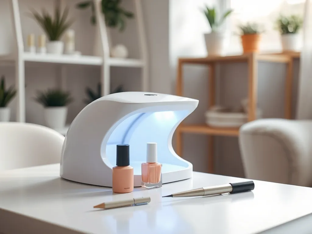 Nowoczesna lampa UV do paznokci na białym stoliku w domowym salonie, obok lakierów i akcesoriów do manicure