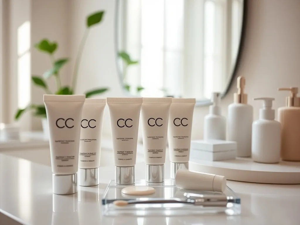 Elegancko ułożone tubki kremów CC na jasnej toaletce w naturalnym świetle, podkreślające ranking najlepszych produktów.