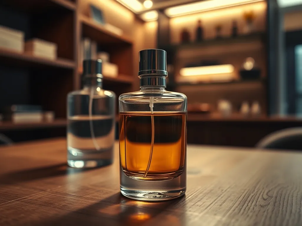 Elegancki flakon męskich perfum na drewnianej powierzchni, w rozmytym, ciepłym wnętrzu podkreślającym luksusowy, trwały zapach.