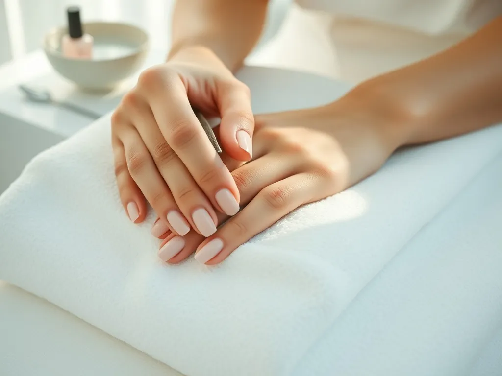 Zadbane dłonie z naturalnym manicure klasycznym, pilnik do paznokci na białym ręczniku, delikatne salonowe otoczenie.