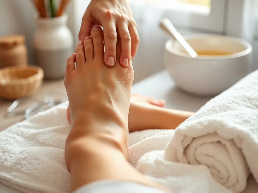 Zadbane stopy na miękkim ręczniku podczas pedicure leczniczego w sterylnym, spokojnym gabinecie podologicznym.