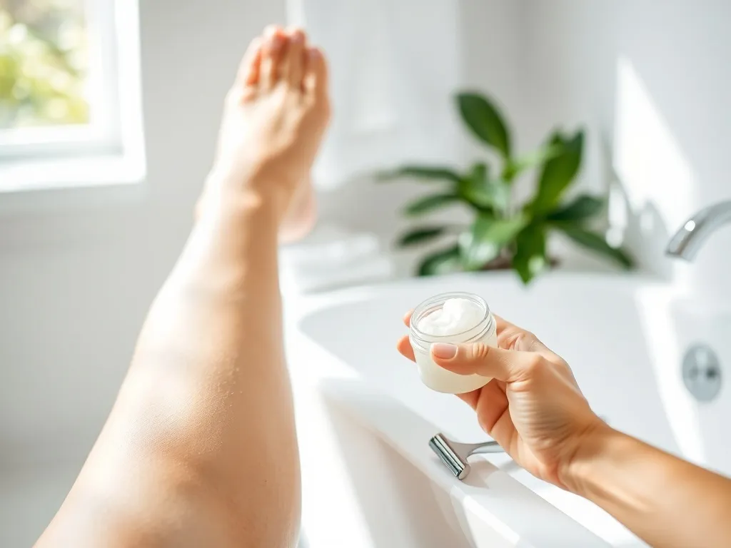 Dłoń nakłada delikatny peeling na gładką nogę obok maszynki do golenia w jasnej łazience, przygotowanie skóry do golenia