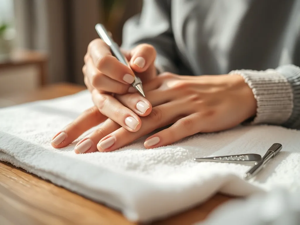 Stylistka wykonuje manicure kombinowany na zadbanych dłoniach klientki w jasnym, minimalistycznym salonie kosmetycznym.