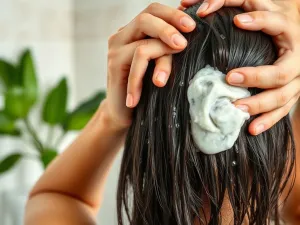 Dłonie delikatnie masują peeling na mokrej skórze głowy, pokazując prawidłową technikę złuszczania w łazience.