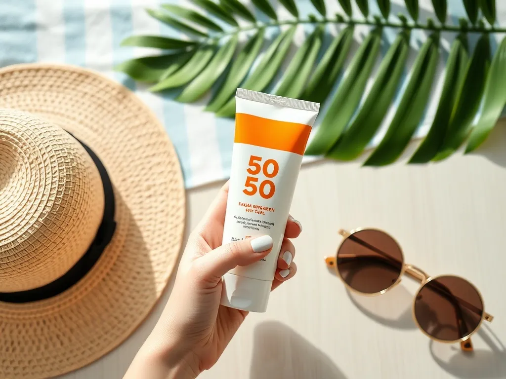 Ręka trzyma krem z filtrem SPF 50 na tle kapelusza i okularów przeciwsłonecznych, letnia, minimalistyczna aranżacja.