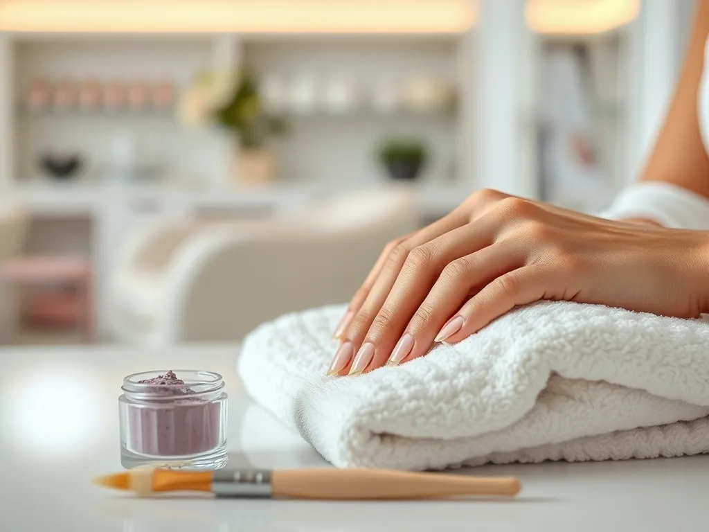 Dłonie z pastelowym manicure tytanowym na ręczniku, obok kolorowe pudry i pędzelek w jasnym wnętrzu salonu kosmetycznego