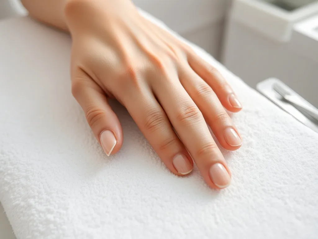 Dłoń kobiety na białym ręczniku, paznokieć delikatnie piłowany na kwadrat przy minimalistycznym stoliku do manicure.