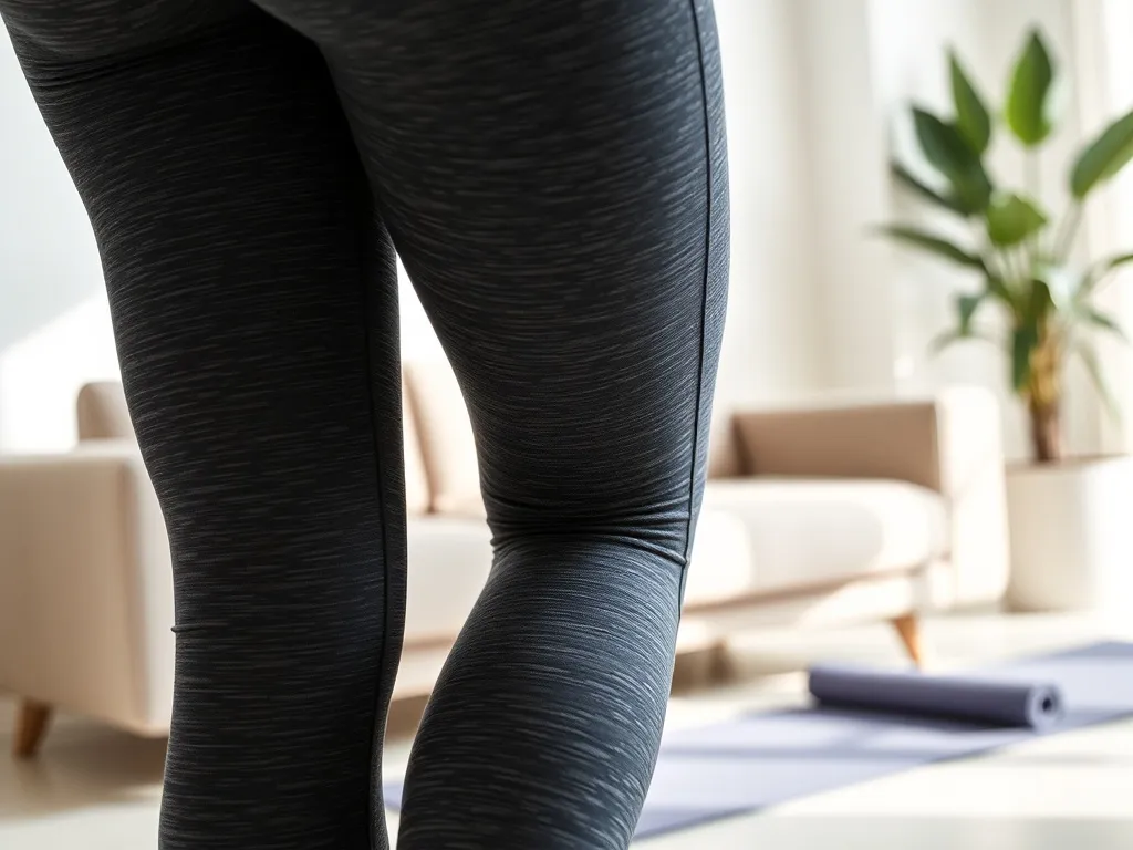 Kobiece nogi w designerskich legginsach antycellulitowych, podkreślających sylwetkę, w jasnym, nowoczesnym wnętrzu.