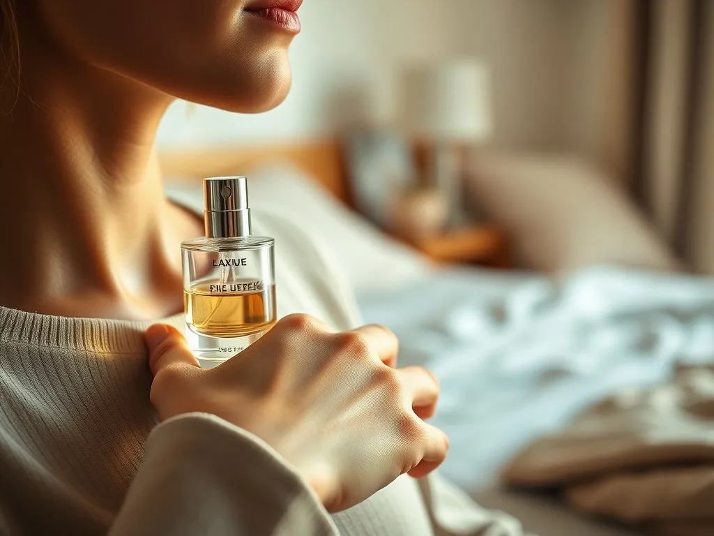 Aplikowanie perfum na nadgarstek; zbliżenie na szyję i dłoń pokazuje idealne miejsca psikania zapachu