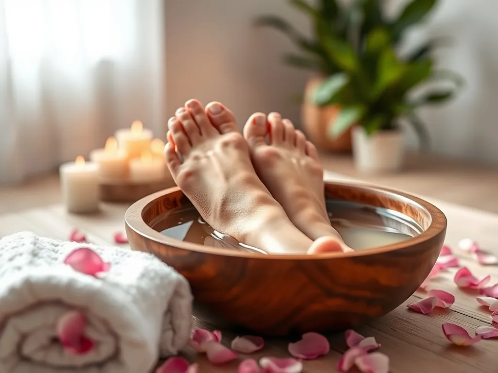 Stopy kobiety moczone w misce z ciepłą wodą i płatkami kwiatów, relaksujący zabieg pedicure w spa