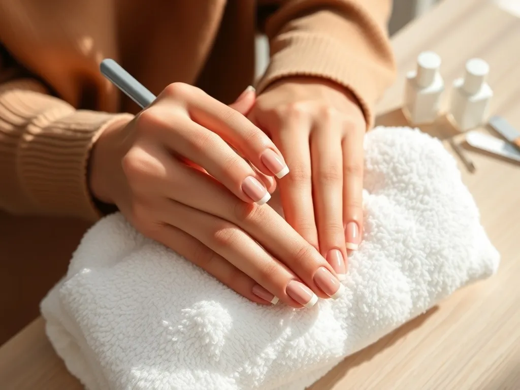 Dłonie kobiety wykonujące francuski manicure, pilnik i lakiery na stole, eleganckie, naturalne paznokcie w salonie.