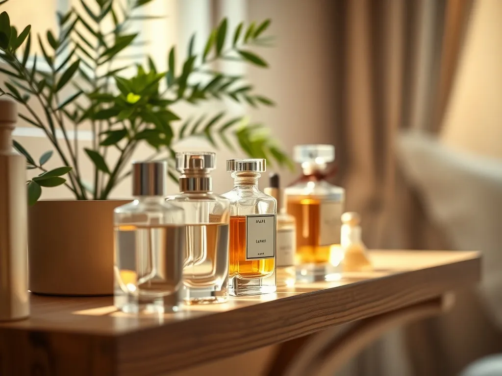Perfumy w eleganckich flakonach stoją na drewnianej półce w sypialni, z dala od wilgotnej łazienki.