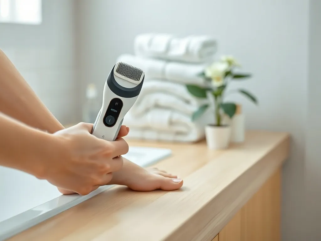 Elektryczny pilnik do pięt w użyciu na gładkiej pięcie, w jasnej łazience o spa‑klimacie, z ręcznikiem i rośliną w tle