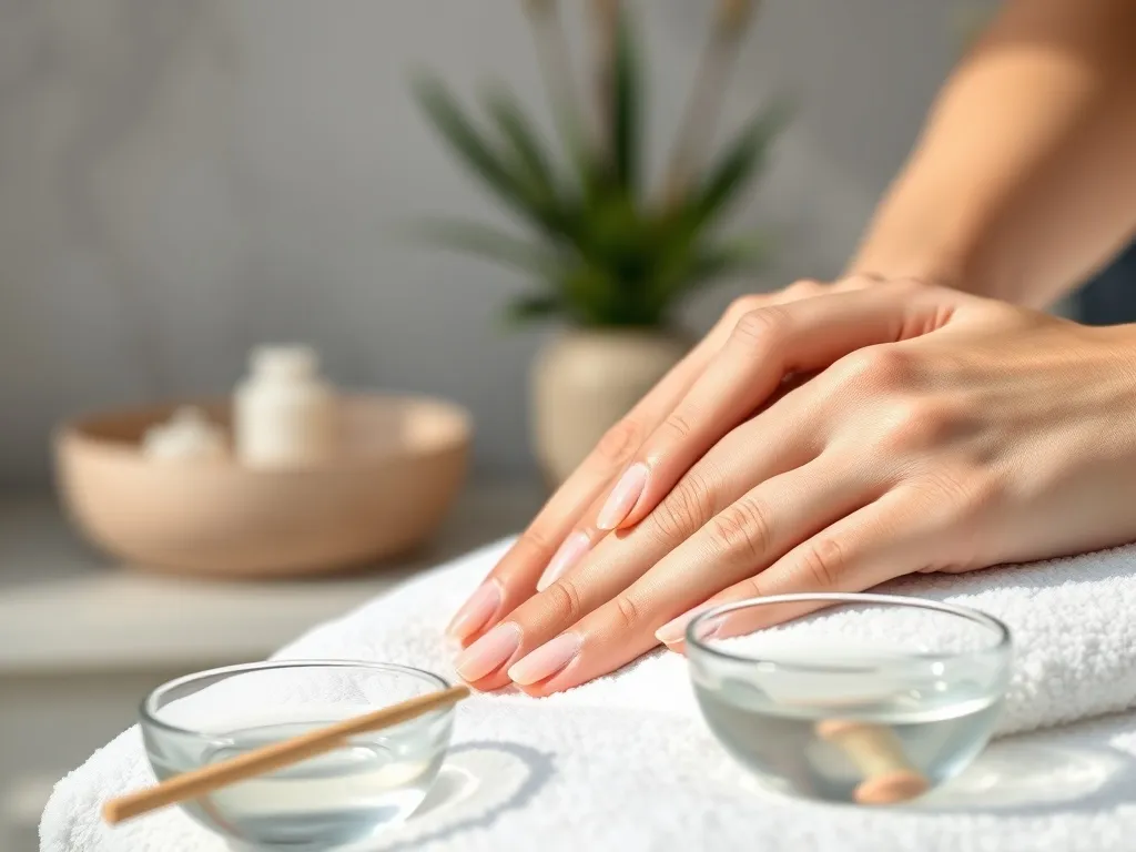Zadbane dłonie z naturalnym, lekko błyszczącym manicure japońskim na tle minimalistycznego spa w pastelowych barwach.
