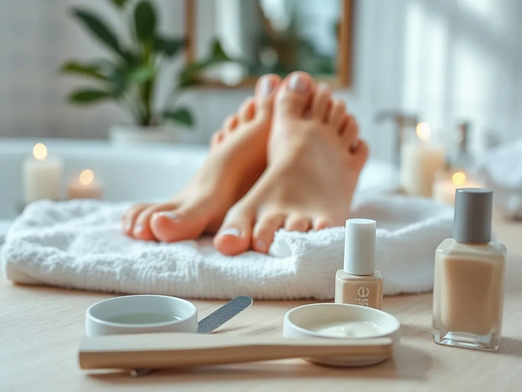 Stopy przygotowane do pedicure na ręczniku, obok pilnik, patyczek, krem, miseczka z wodą i lakier w neutralnym kolorze.