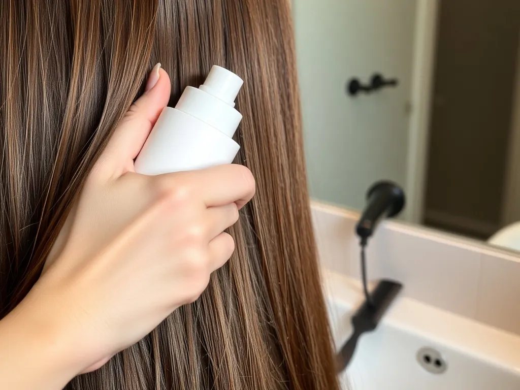 Dłoń trzymająca spray termoochronny przy gładkich brązowych włosach, obok grzebień i suszarka na minimalistycznym blacie