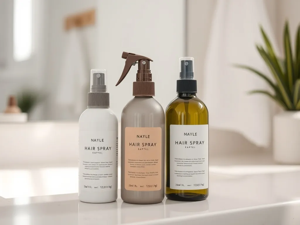 Trzy różne lakiery do włosów na minimalistycznej półce w łazience, porównanie produktów w jasnym, domowym wnętrzu