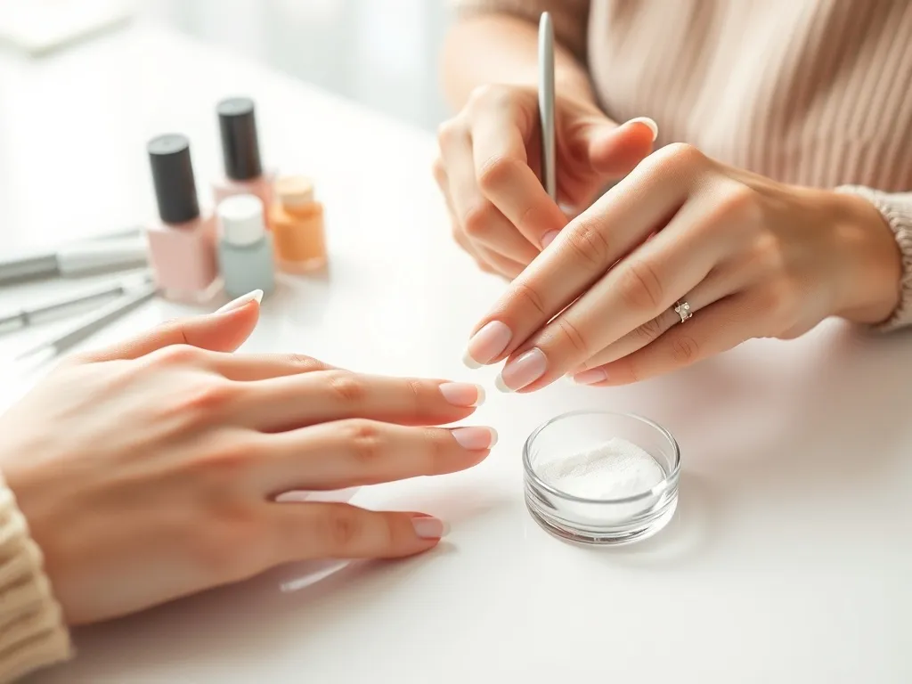 Stylistka nakłada akryl pędzelkiem na paznokieć klientki przy jasnym, minimalistycznym stanowisku manicure.