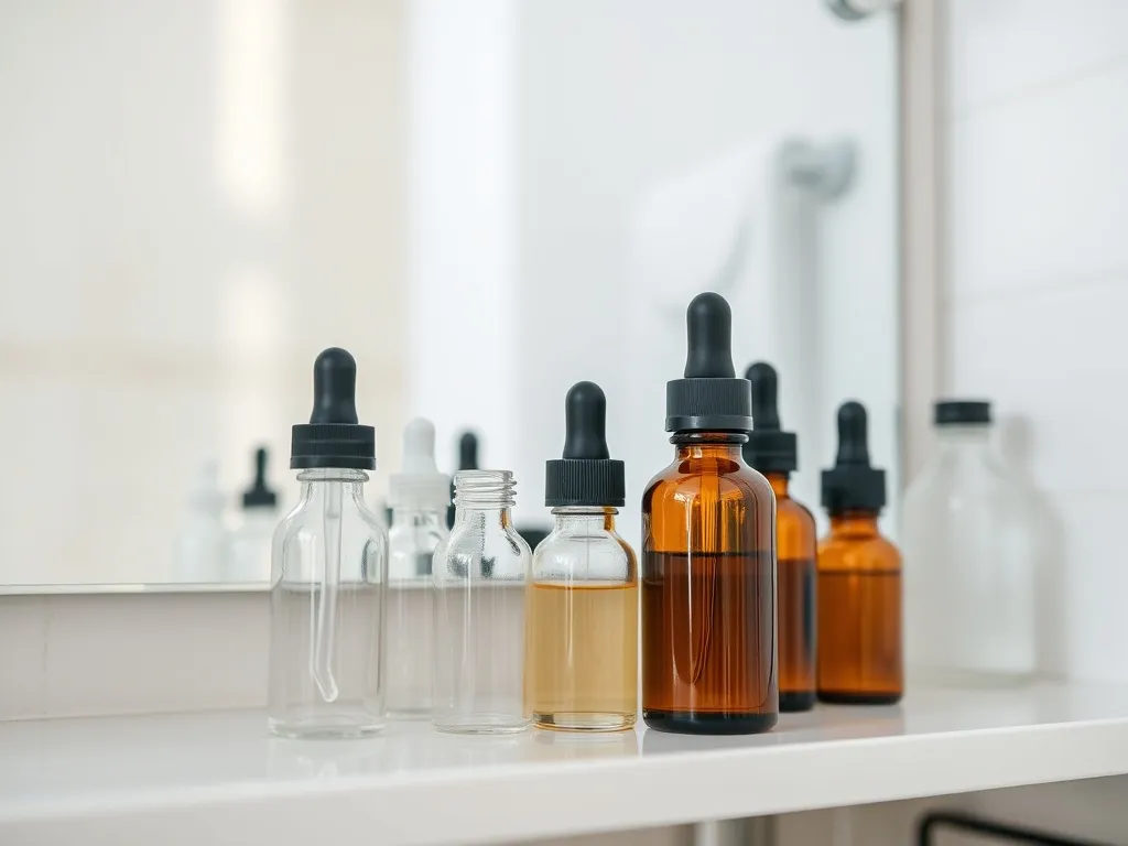 Minimalistyczna półka łazienkowa z buteleczkami serum z pipetą, w jasnym, naturalnym świetle, sugerująca świeżość i pielęgnację twarzy