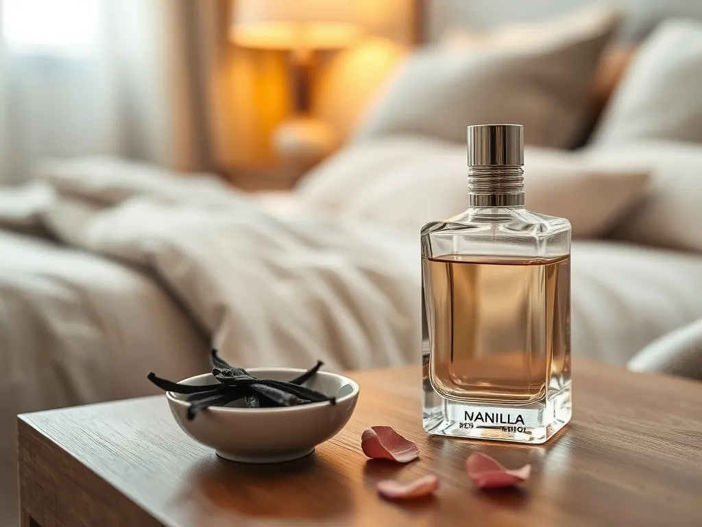 Elegancki flakon perfum na stoliku nocnym z laskami wanilii i płatkami róż w przytulnej, intymnej sypialni.