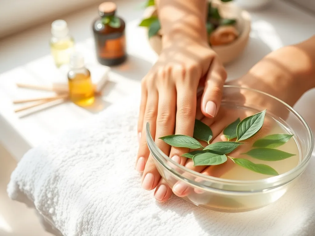 Zadbane, naturalne dłonie po manicure biologicznym na białym ręczniku, obok miseczka z wodą i liśćmi w relaksującym spa.