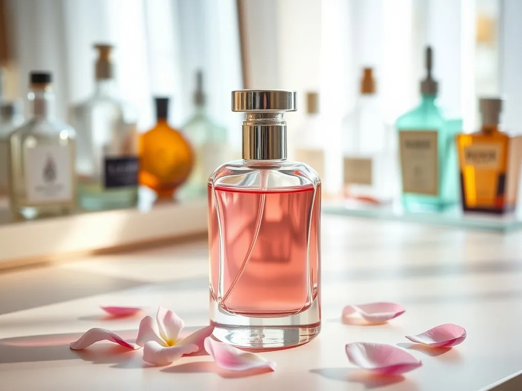 Elegancki flakon perfum z różowym płynem na toaletce, otoczony płatkami kwiatów, w tle rozmyte butelki innych zapachów.