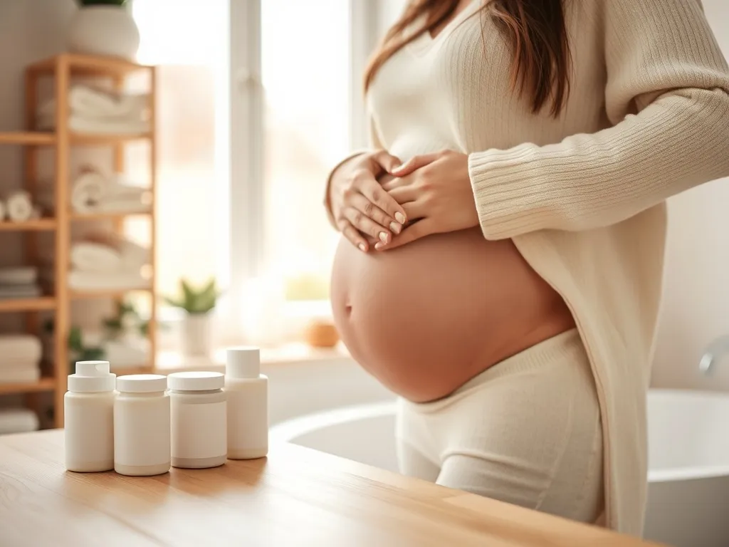 Ciężarna kobieta w jasnej łazience delikatnie dotyka brzucha, obok stoją minimalistyczne kremy na rozstępy.