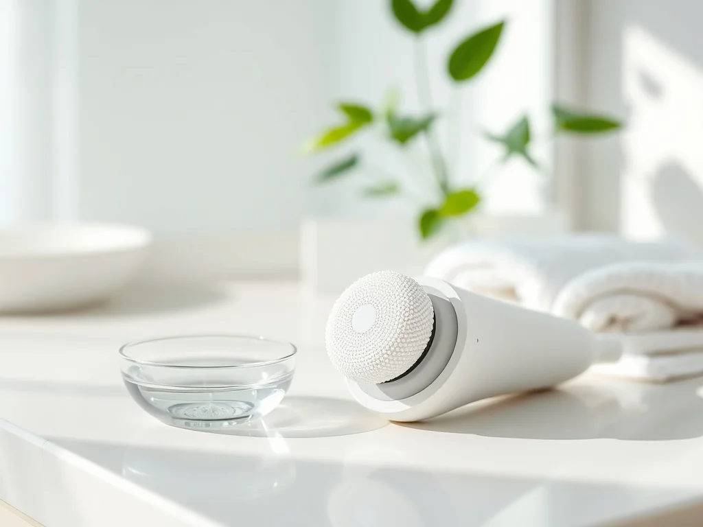 Nowoczesny peeling kawitacyjny na białym blacie łazienki, obok miseczki z wodą i ręcznika, w domowej spa atmosferze