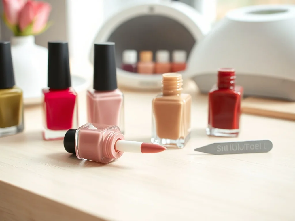 Kolorowe lakiery hybrydowe w odcieniach różu, czerwieni i nude na stole, w tle akcesoria do manicure w salonie.