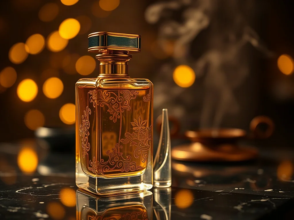 Elegancki flakon arabskich perfum ze złotymi zdobieniami na marmurowym blacie w otoczeniu nastrojowego dymu i świateł.