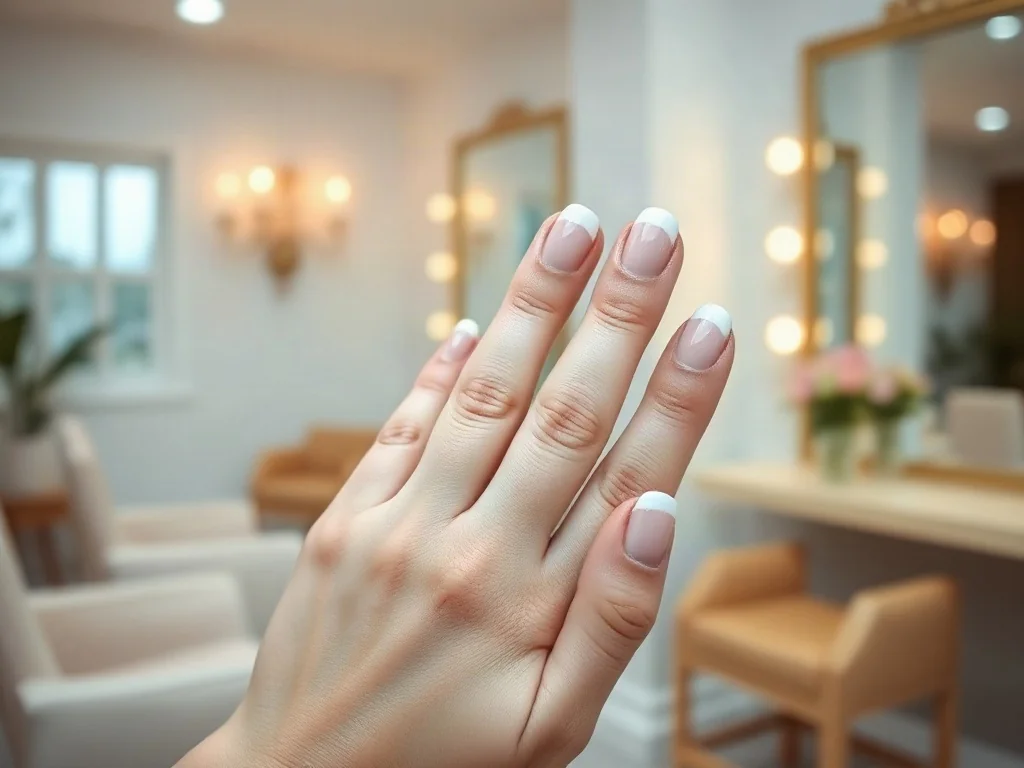 Dłonie z eleganckim manicure typu babyboomer z płynnym przejściem bieli w róż. Profesjonalne ujęcie zadbanych paznokci.